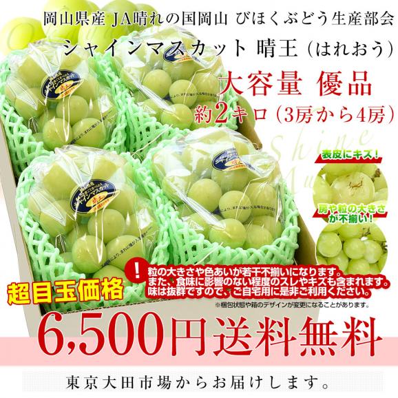 岡山県産　JA晴れの国岡山　びほくぶどう生産部会　シャインマスカット 晴王（はれおう）2キロ（3房から4房）優品　自家用　送料無料 ぶどう 種なし黒ぶどう03