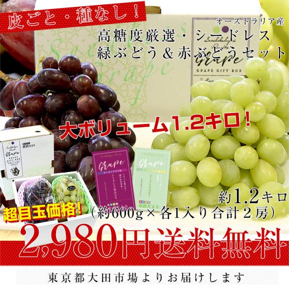 皮ごと食べられる！高糖度！シードレス緑ぶどう＆赤ぶどうセット オーストラリア産 約1.2キロ（約600g×2入）送料無料 種なしぶどう 輸入ぶどう 海外ぶどう03