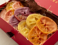 メゾンジブレー『6種の柑橘のチョコレート』紅まどんな、ブラッドオレンジ、真穴みかん、ピンクグレープフルーツ、日向夏のトランシュ各2枚、紅まどんなのオランジェット100g ※常温